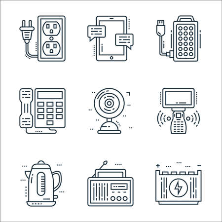 technology devices line icons. linear set. quality vector line set such as battery, radio, electric kettle, remote control, table fan, telephone, extension cord, mobile chatのイラスト素材