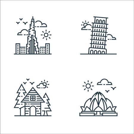 tourism line icons. linear set. quality vector line set such as lotus temple, cottage, pisa towerのイラスト素材