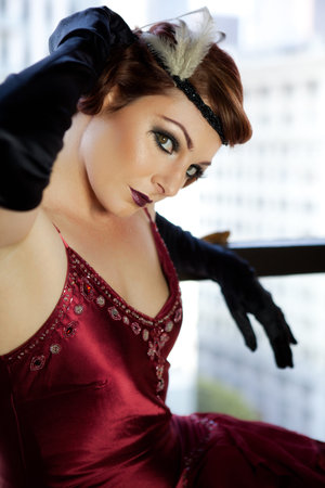 Beautiful Vintage classy woman with cityscape in the background