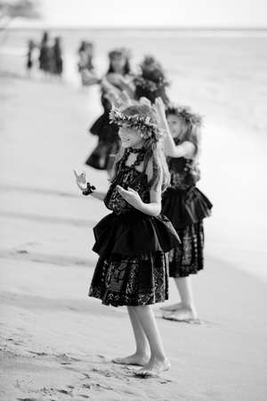Hawaiian Hula Girls on the beach Black and white Portraitの写真素材