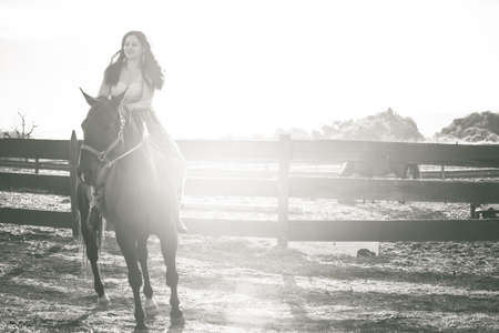 Beautiful Woman  riding bare back with sun flareの写真素材