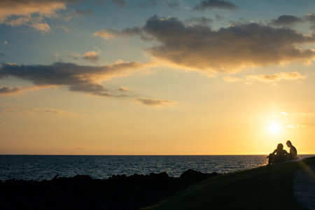Silhouette of a couple at the ocean on a Bluff of Lava Rock above the ocean