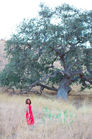 Beautiful mixed race young woman in natureの写真素材