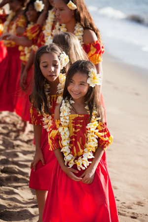 Polynesian Hula Dancers at the Ocean in Hawaiiの写真素材