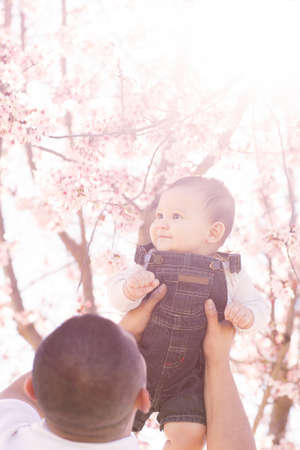 Father lifting his son into the sun for a sun flared softened portrait of a Happy Babyの写真素材