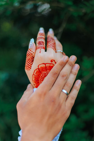 close up of the bride and groom's handsの写真素材