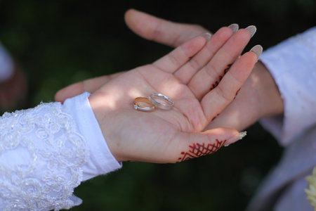 a pair of rings on the hands of the bride and groomの写真素材