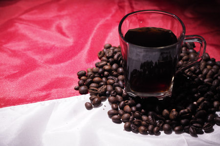 coffee on a red and white flagの写真素材
