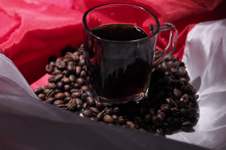 coffee on a red and white flagの写真素材