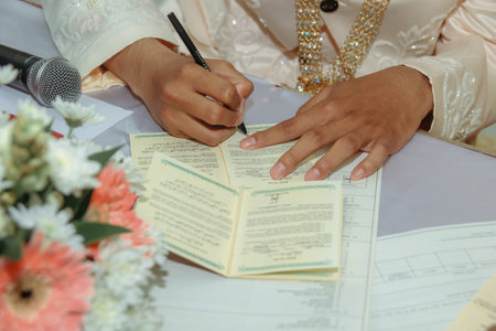 closeup of the groom's hands signing the marriage certificateの写真素材