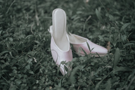 close up of the bride's white high heels on the grassの写真素材