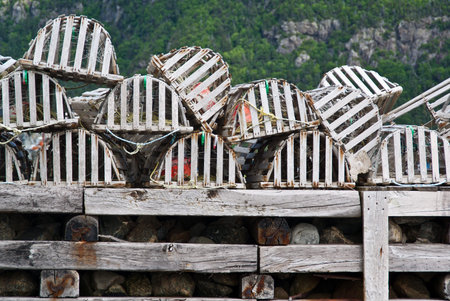 Collection of lobster pots on a jetty