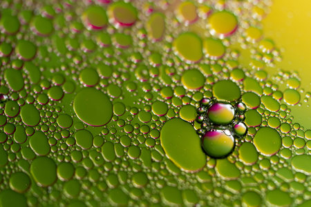 A closeup of oil droplets on a water surface with a colored background.