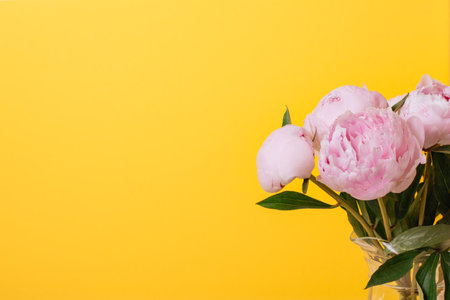 close-up fresh bouquet of pink peonies on yellow background with copy space. holiday and gifts conceptの写真素材