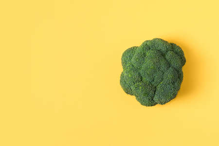 Top view fresh green broccoli vegetable on yellow. Broccoli cabbage head on a colored background. Flat lay. Copy space. Healthy or vegetarian food conceptの写真素材