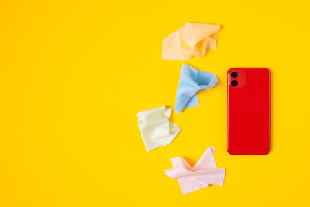 Top view cleaning smart phone screen on yellow background. Flat lay cleaning red phone by fabric microfiber conceptの写真素材