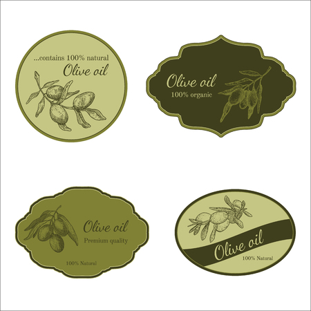 Set of sticker for olive production with ink illustration of olive branch in traditional outline stileのイラスト素材