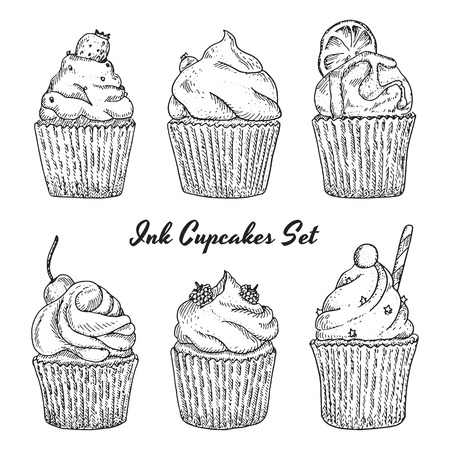 Ink hand drawn cupcakes set with different type of cupcakes strawberry, blueberry citrus, raspberry, cherry. Isolated. Easy to use for different design of menu, advertisement, cafe etcのイラスト素材