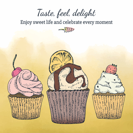 Card template with cupcakes and watercolor background, Romantic style. Inspirational textのイラスト素材