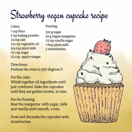 vegan cupcake recipe card template with strawberry cupcake illustration and watercolor backgroundのイラスト素材