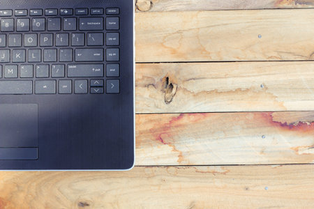 Office desk table with laptop top view