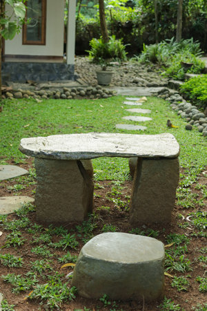 Stone park bench beautiful nature viewの写真素材