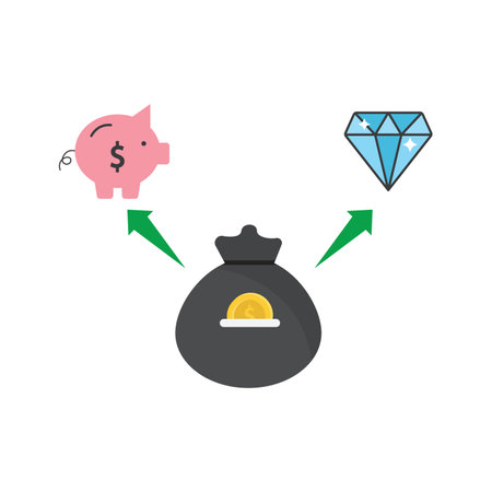 Financial growth concept with piggy bank, money bag, diamond, green arrows. Suitable for finance, investment, savings, wealth management designs.のイラスト素材