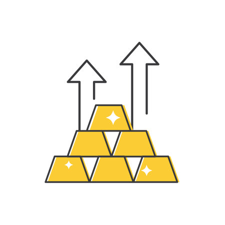 Gold bars stacked in a pyramid with two upward pointing arrowsのイラスト素材