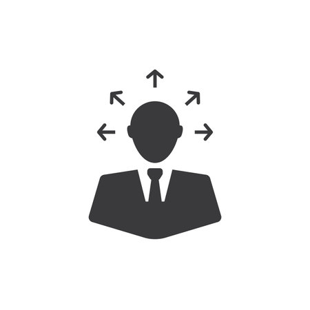 Businessman in a suit and tie with arrows pointing in various directions. Suitable for directional guidance or decision making concepts.のイラスト素材