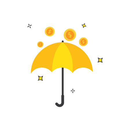 Yellow umbrella protecting falling gold coins.のイラスト素材