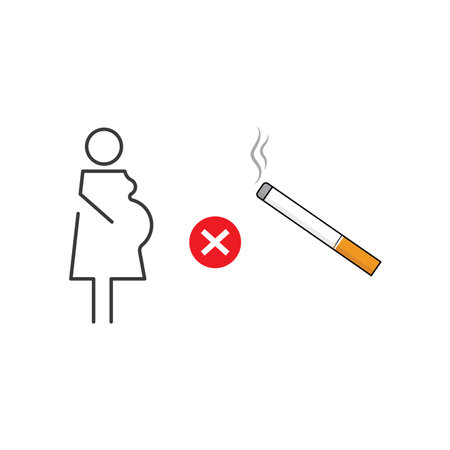Pregnant woman smoking prohibited simple line drawing suitable for health campaigns, antismoking promotions, warning signs, and educational materials.のイラスト素材
