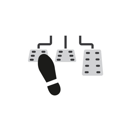 Three car pedals being pressed by a foot brake, gas, and clutch. Ideal for automotive, driving, safety, and transportation concepts.のイラスト素材
