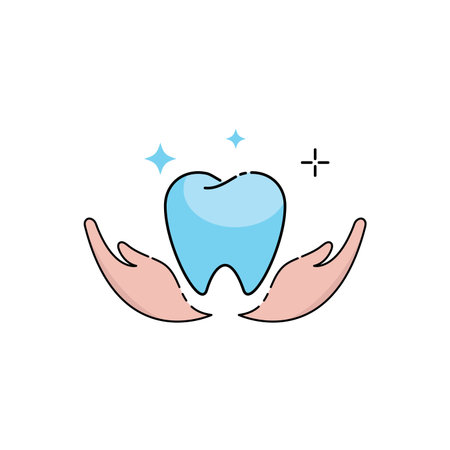 Dental care logo Clean blue tooth resting in two stylized hands.のイラスト素材
