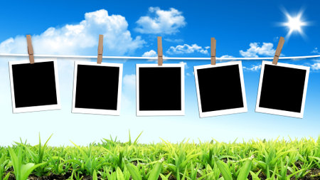 Blank photographs hanging on a clothesline against a sky summer dayの写真素材