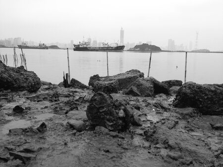 Landscape view of the sea in black and whiteの写真素材