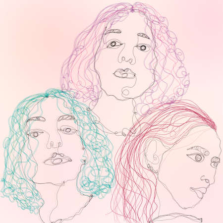 one line illustration three women on pastel peach pink background, abstract art, modern contemporary digital minimalismの写真素材