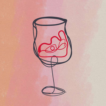 abstract one line drawing of wine glass, red alcohol beverage, minimalistic background, continuous lineの写真素材