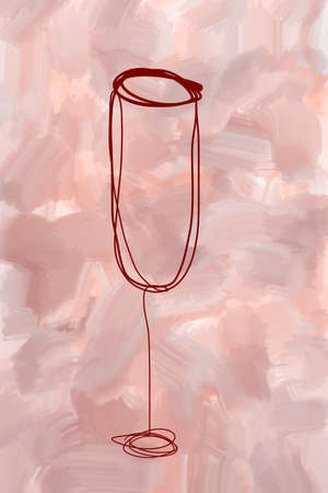 one line abstract red sparkling wine glass minimalist watercolor gouache paint brush texture backgroundの写真素材