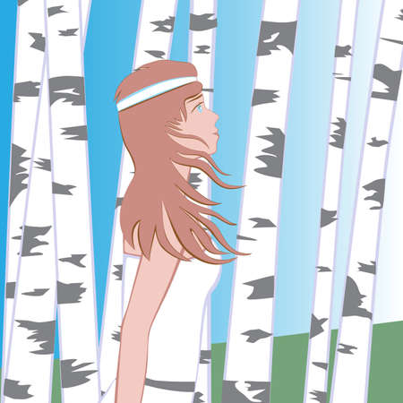 Girl goes between the birchesのイラスト素材
