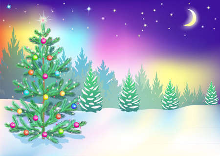 Christmas tree in the woods, New Year's Eve, Northern lightsのイラスト素材