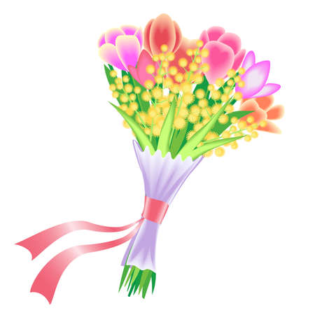 tulip and mimosa bouquet of flowers in the decoration with a ribbonのイラスト素材