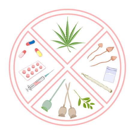 Forbidden narcotics. Logo and infographic warning. Items prohibited for transportation, travel, storage, keeping, consumption, use.のイラスト素材