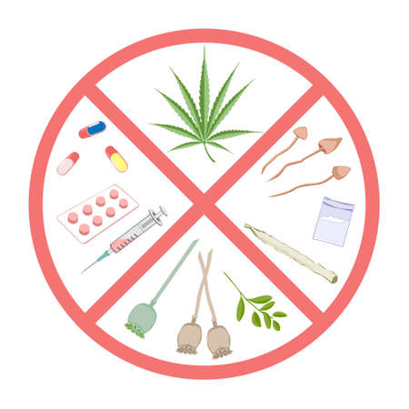 Forbidden narcotics. and infographic warning. Items prohibited for transportation, travel, storage, keeping, consumption, use.のイラスト素材