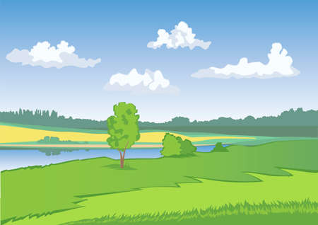 Green meadow with blue sky and white clouds. Countryside landscape. Open view, scene, space. Yellow field.のイラスト素材