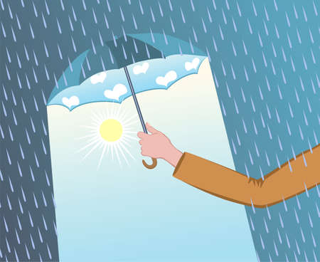 Man hand holding open umbrella. Rain drops, downpour above umbrella. Good weather under the umbrella. Vector stock illustration.のイラスト素材