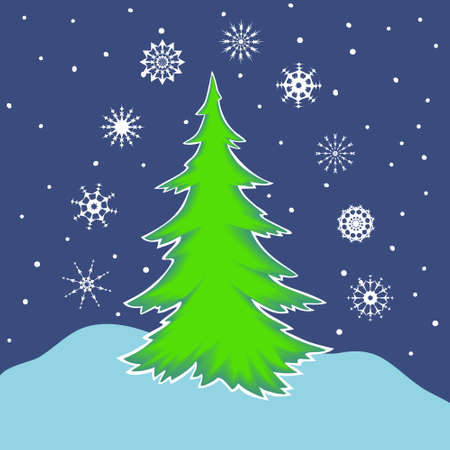 Fir tree and snow. Nine different snowflakes in the set. Vector  illustration.のイラスト素材