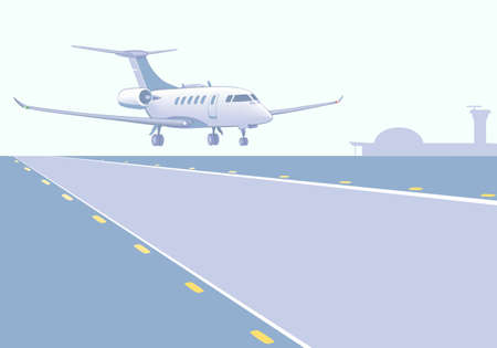 Business jet landing (take-off). Runway, airfield, airport background. Vector illustration, EPS 8.のイラスト素材