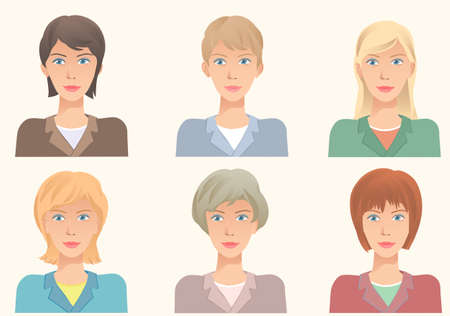 The same face with different hairstyles. Vector illustration avatars. Fashionable hairstyles with various hair colors  for business lady.のイラスト素材
