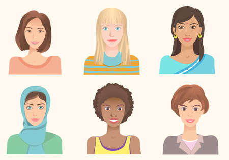 Young women of various nationalities. Girls of different ethnic and races. Various skin color, eyes and hairstyle. International portraits. Set of vector avatars.のイラスト素材