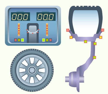 Perfect Wheel Balancing. Diagram of car disk with the tire on the balancing machine. Balancer monitor with an excellent result on the scoreboard. Vector illustration.のイラスト素材